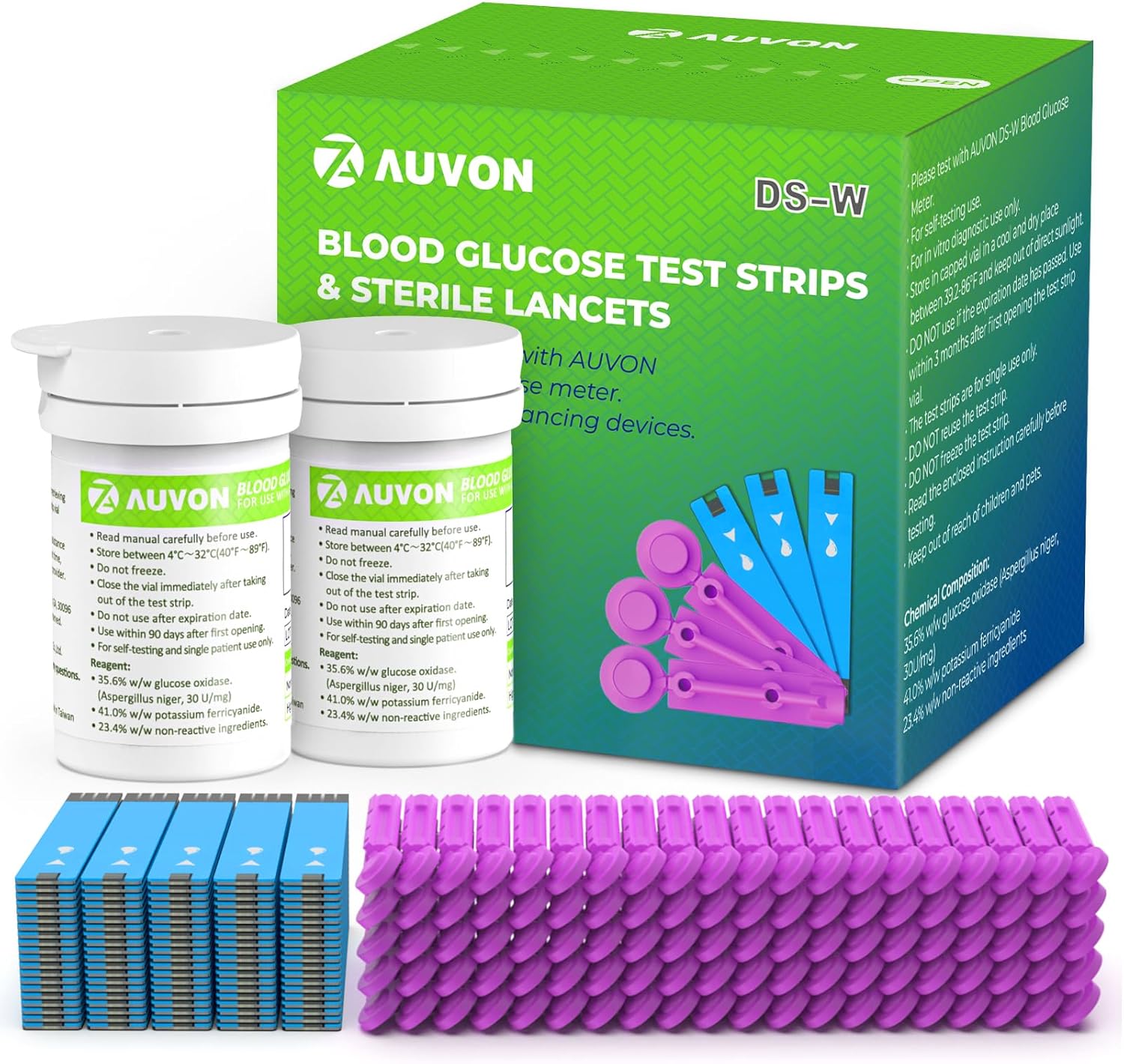 AUVON Blood Glucose Test Strips & Diabetic Lancets Kit, 100 Test Strips for Diabetes, 30 Gauge 100 Lancets for Blood Testing with Less Pain, Fit AUVON DS-W Glucose Meter