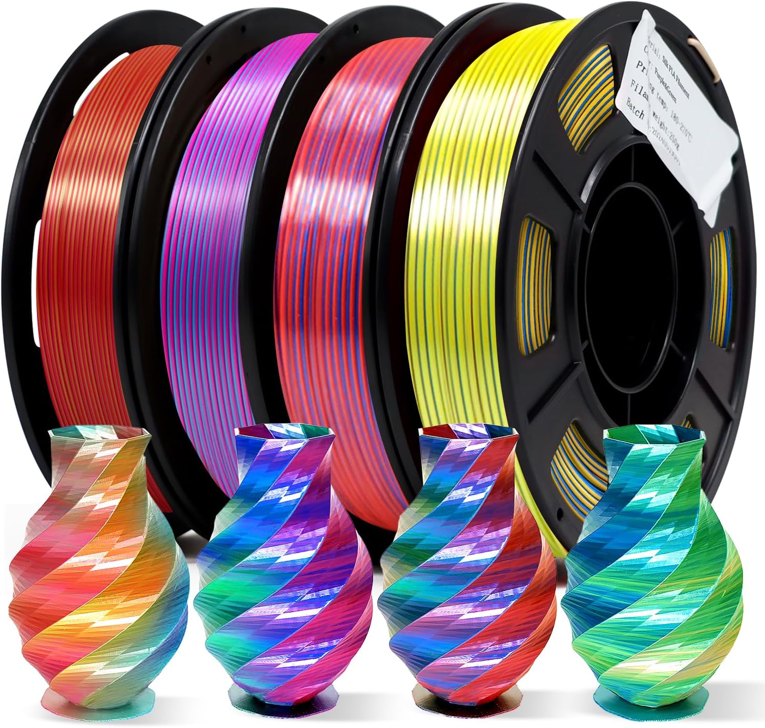 YOUSU Tricolor PLA Filament, Silk Coextruded 3D Printer Filament 1kg, Triple Color PLA Filament 1.75mm (± 0.03 mm) Compatible with Most of 3D Printer, 4x250g Pack