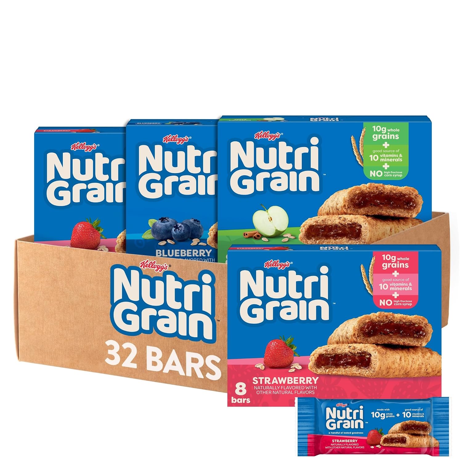 Nutri-Grain Breakfast Bars, Made with 10g Whole Grains, Kids Snacks, 3-Flavor Variety Pack (4 Boxes, 32 Bars)