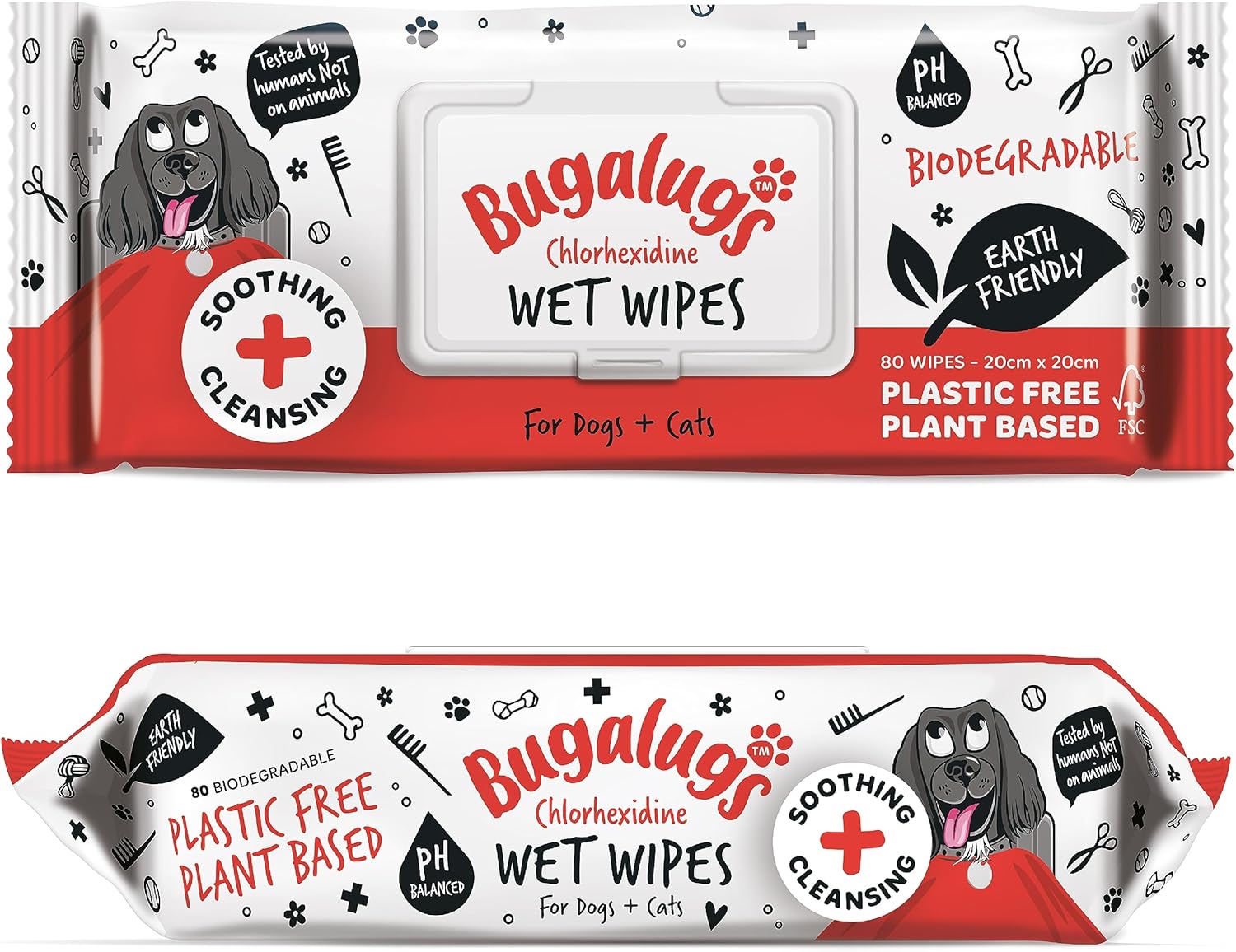 BUGALUGS Dog Wipes for pawly skin - 80 Biodegradable dog grooming pet wipes. Use as Dog ear wipes, dog eye wipes, dog face wipes, Paw & Bum wipes for puppy, dogs & cat grooming