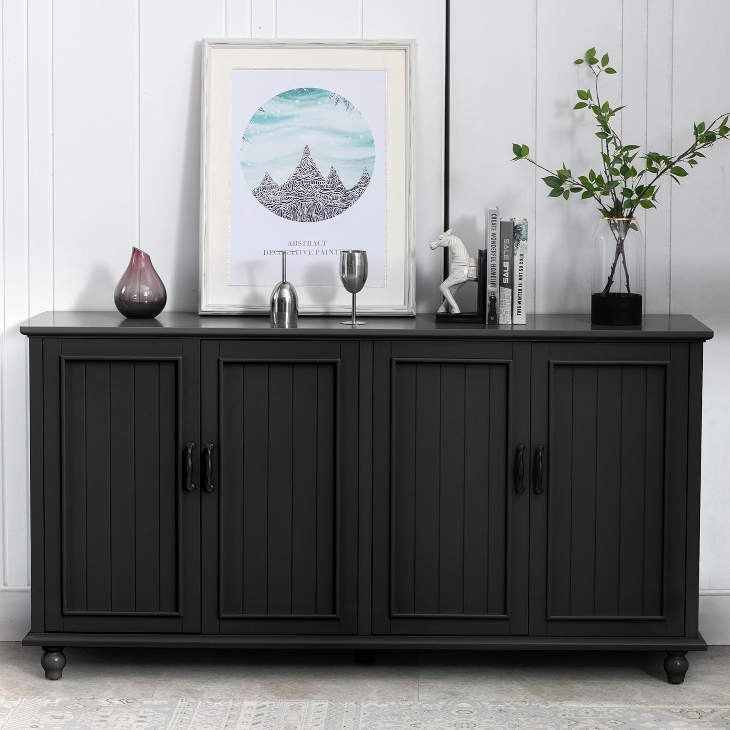 Scurrty Buffet Cabinet Bar Cabinet with Storage, 62'' Coffee Bar Cabinet Kitchen Buffet Storage Cabinet, Sideboard Buffet Cabinet for Dinning Room, Kitchen & Living Room (4 Doors, Black)