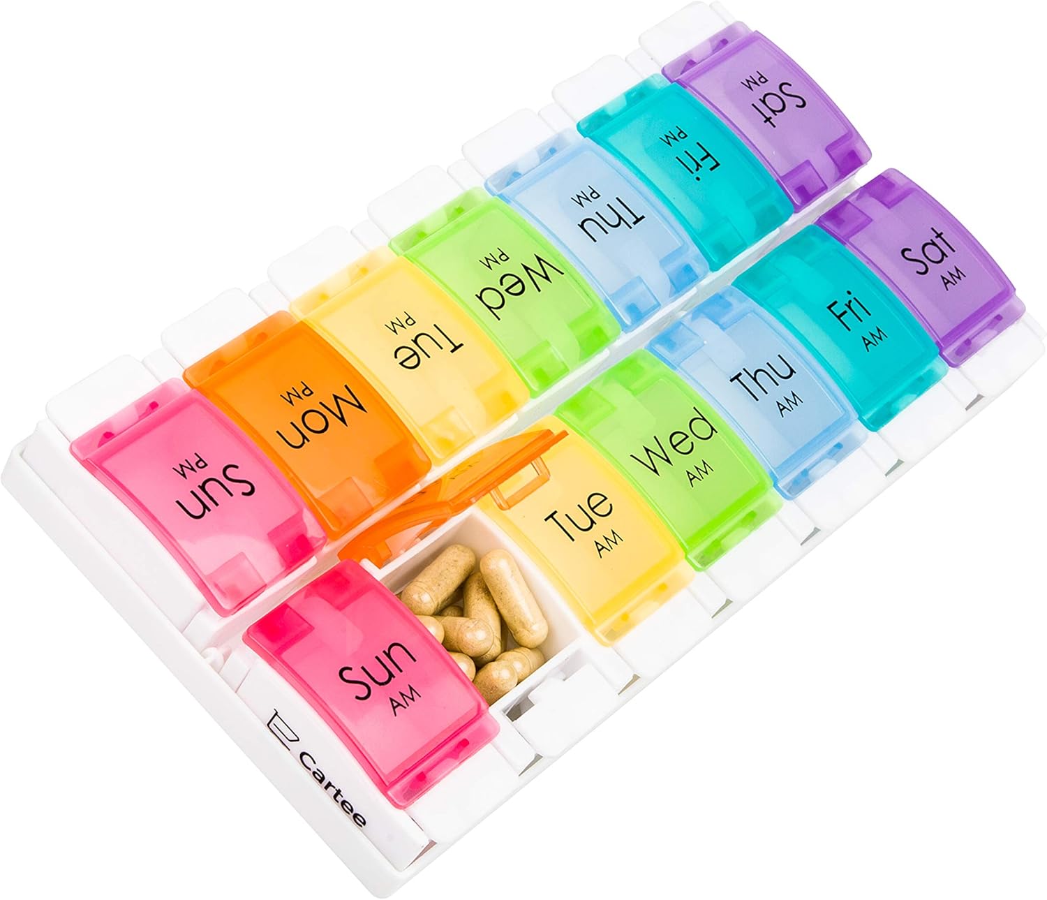 Cartee Weekly Pill Organiser | Easy to Open 2 Times a Day | Travel Tablet Medication Box with Push Button Pop Open Design | for Vitamins & Supplements (Double Row with Tray)