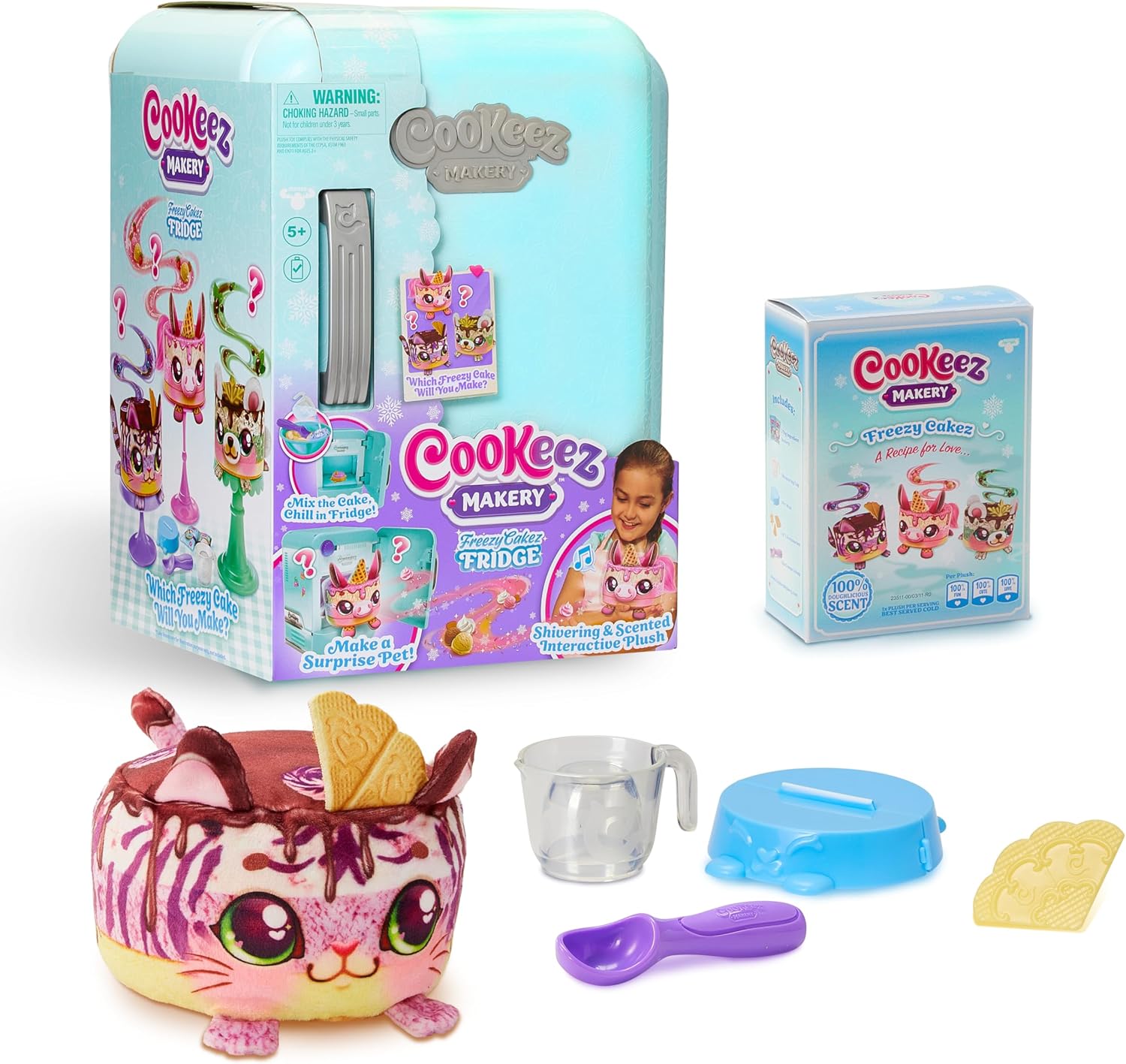 Freezy Cakez. Mix & Decorate Your Plush Best Friend! Place Your Cake Mix in The Freeze and Be Amazed When A Scented, Shivering, Interactive Plush Friend Comes Out. Styles May Vary