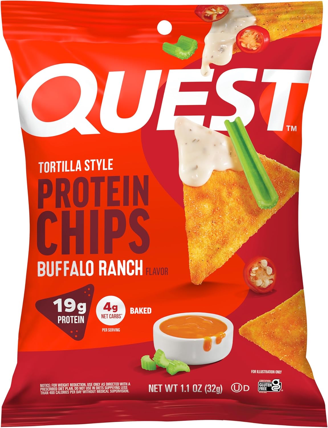 Quest Nutrition Tortilla Style Protein Chips, Buffalo Ranch, 19g of Protein, 4g Net Carbs, Gluten Free, 1.1 Ounce (Pack of 12)