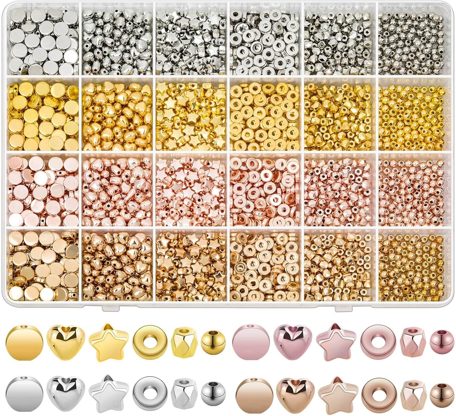 2160 Pieces Gold Spacer Beads Set, Assorted Round Star Gold Beads for Bracelet Jewelry Making(Gold, Sliver, Rose Gold, KC Gold)
