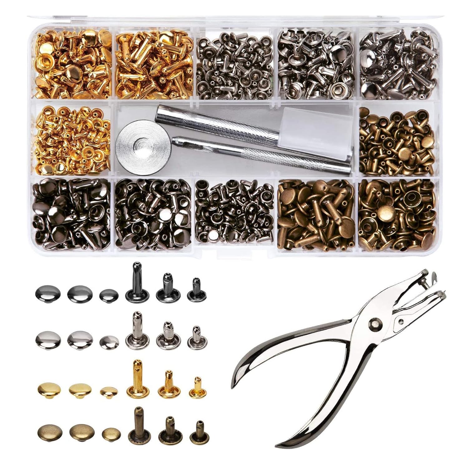 Leather Rivets with Punching Plier 365 Pcs for Leather Work Gold,Silver,Bronze,Gunmetal