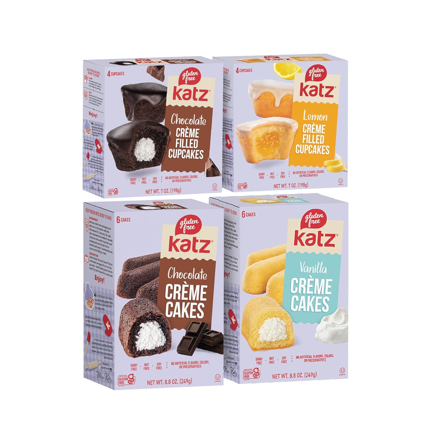 Katz Gluten Free Snacks Heavenly Creme Cake Variety Pack. Chocolate & Vanilla Creme Cake, Chocolate & Lemon Cupcake, Free of Dairy, Soy, Tree Nuts and Peanuts, Kosher (4pk)