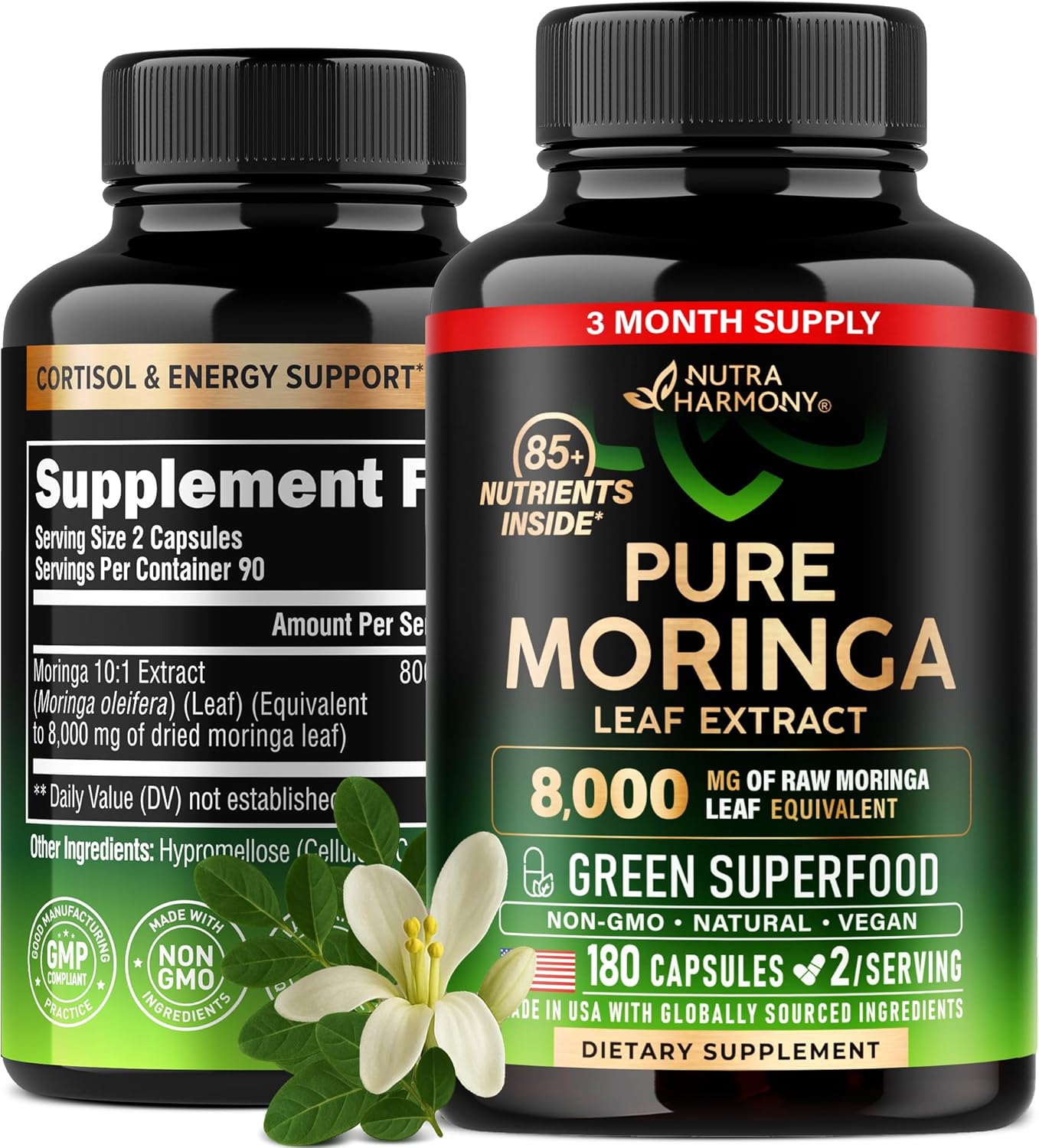 Moringa Capsules - Pure Moringa Leaf Powder - Extra Strength 10:1 Extract - Superfood Antioxidant for Cortisol Level, Energy & Joint Support - Natural Vegan, Non-GMO - Made in USA - 180 Capsules