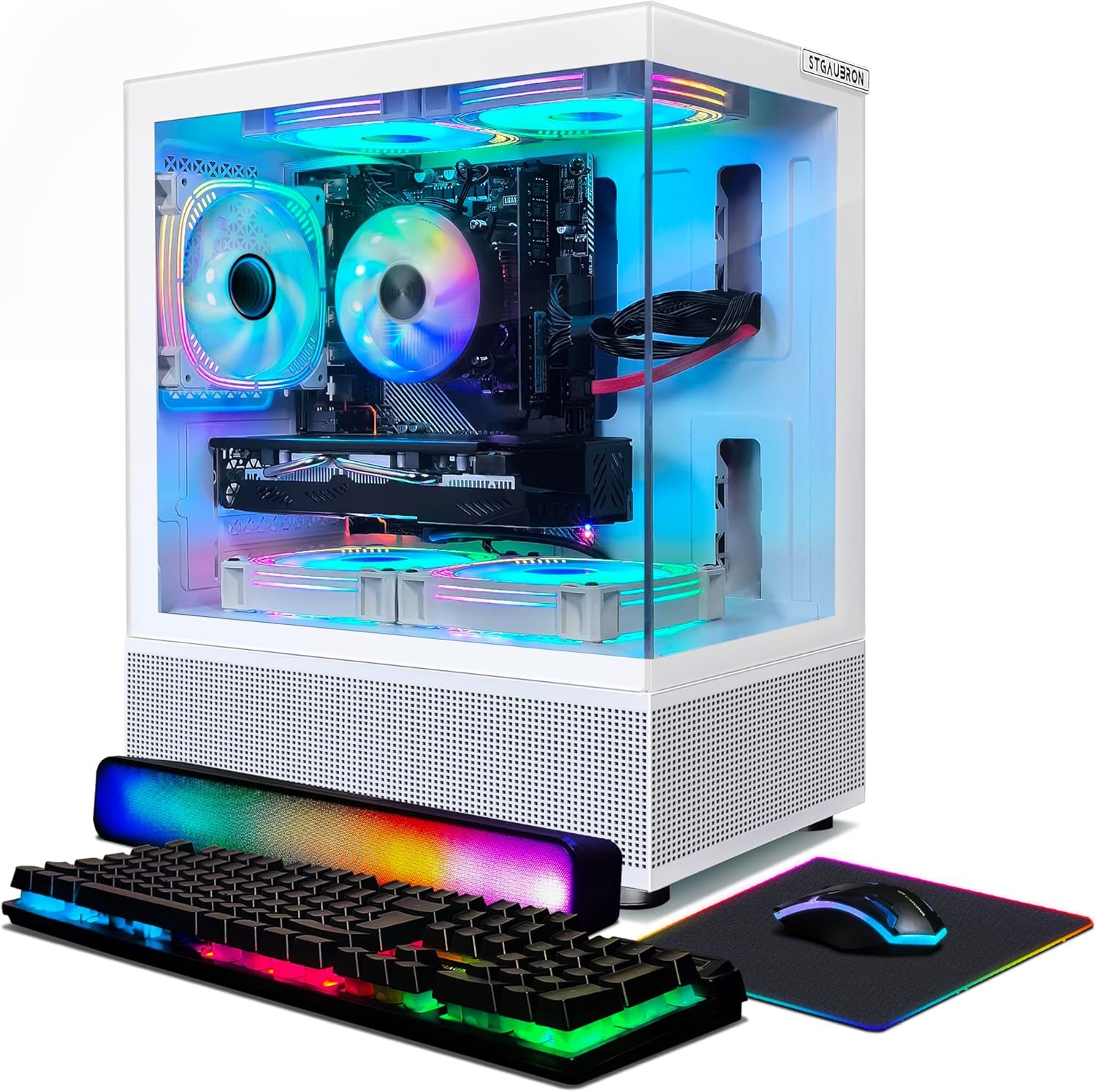 STGAubron Gaming Desktop PC, Radeon RX 580 16G, Intel Core i7-6700 up to 4.0G, 32G DDR4, 2T SSD, 600M WiFi, BT 5.0, RGB Fan x3, RGB BT Sound Bar, Windows 10 Home, White
