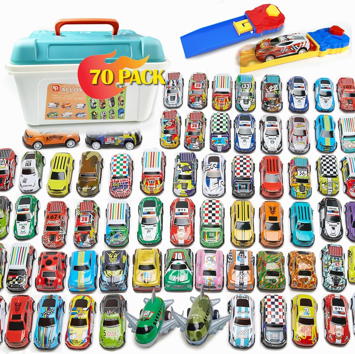 70 Piece Pull Back Toy Cars Set with Toy Storage, Launchers & Map, Mini Racing Cars for kids Age 3+, Car Toys for Boys Girls, Christmas Birthday Gifts