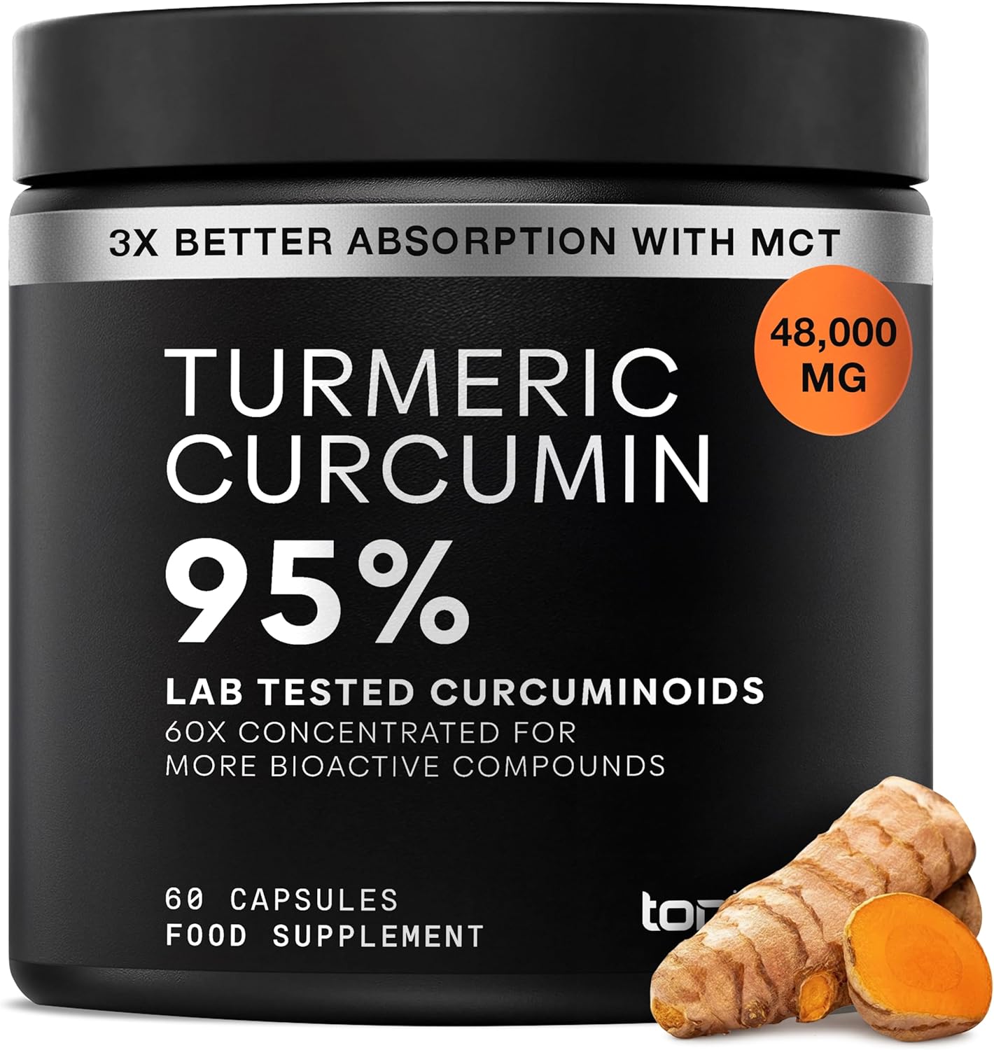 Turmeric Curcumin - 48000mg from a 60:1 Extract with 95% Curcuminoids - 800mg Per Serving - Black Pepper & MCT Oil for Enhanced Absorption - Third-Party Lab Tested - 60 Capsules