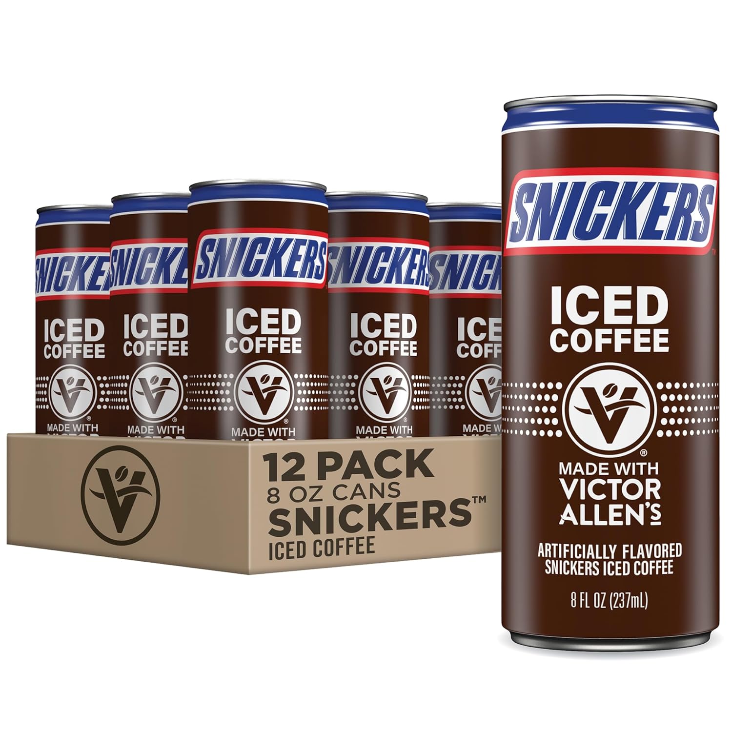 Victor Allen's Coffee Snickers Iced Canned Coffee Latte, 8oz Cans (12 Pack)