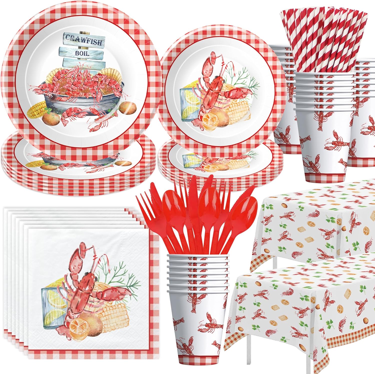 Xigejob Crawfish Boil Party Supplies - Lobster Boil Party Decorations Tableware, Plate, Cup, Napkin, Tablecloth, Cutlery, Crayfish Crab Seafood Boil Party Supplies For Birthday Baby Shower | Serve 24