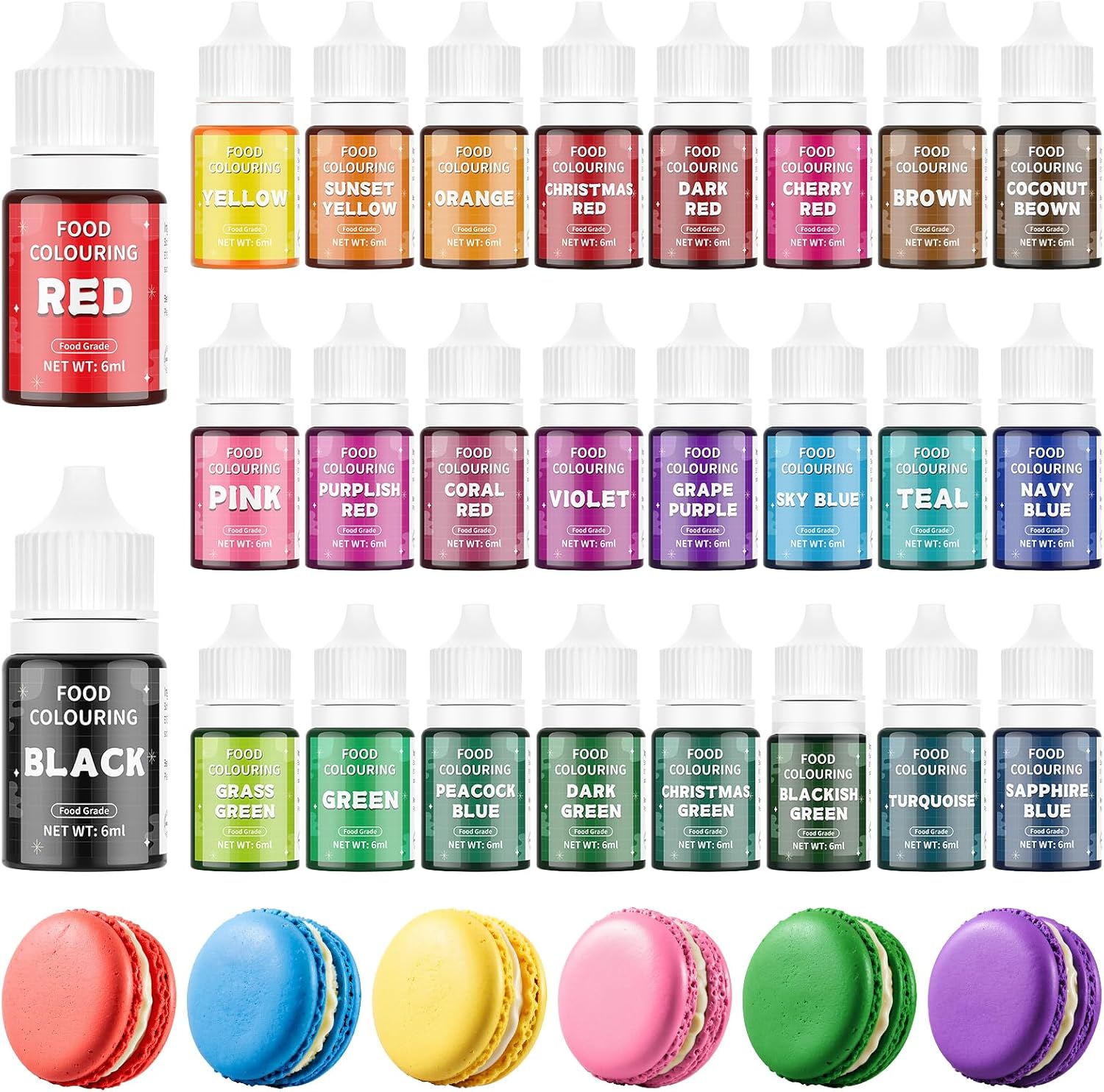 Waysroma Food Colouring 26 Colours, Vibrant Cake Coloring Liquid Set for Dessert Decorating, Food Grade Food Dye for Icing, Fondant, Cookies, Macaron, Donuts - 6 ml/Bottles