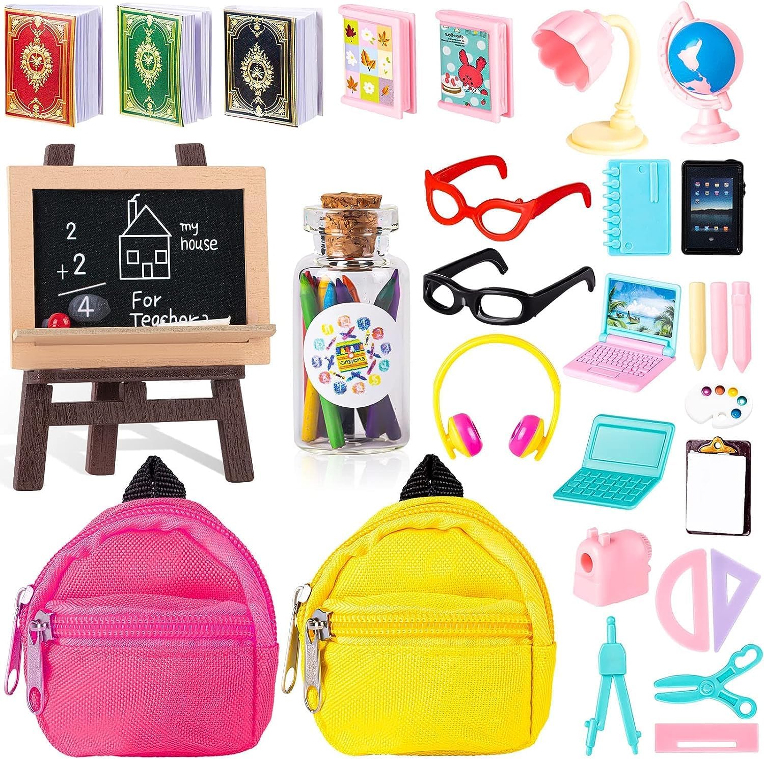 LZMDISU 30Pcs Mini School Supplies, Doll School Supplies Includes Mini Doll Glasses Backpack Blackboard Laptops Ruler Scissors Mini Book Palette Paper Calculator for Dolls Accessories Set