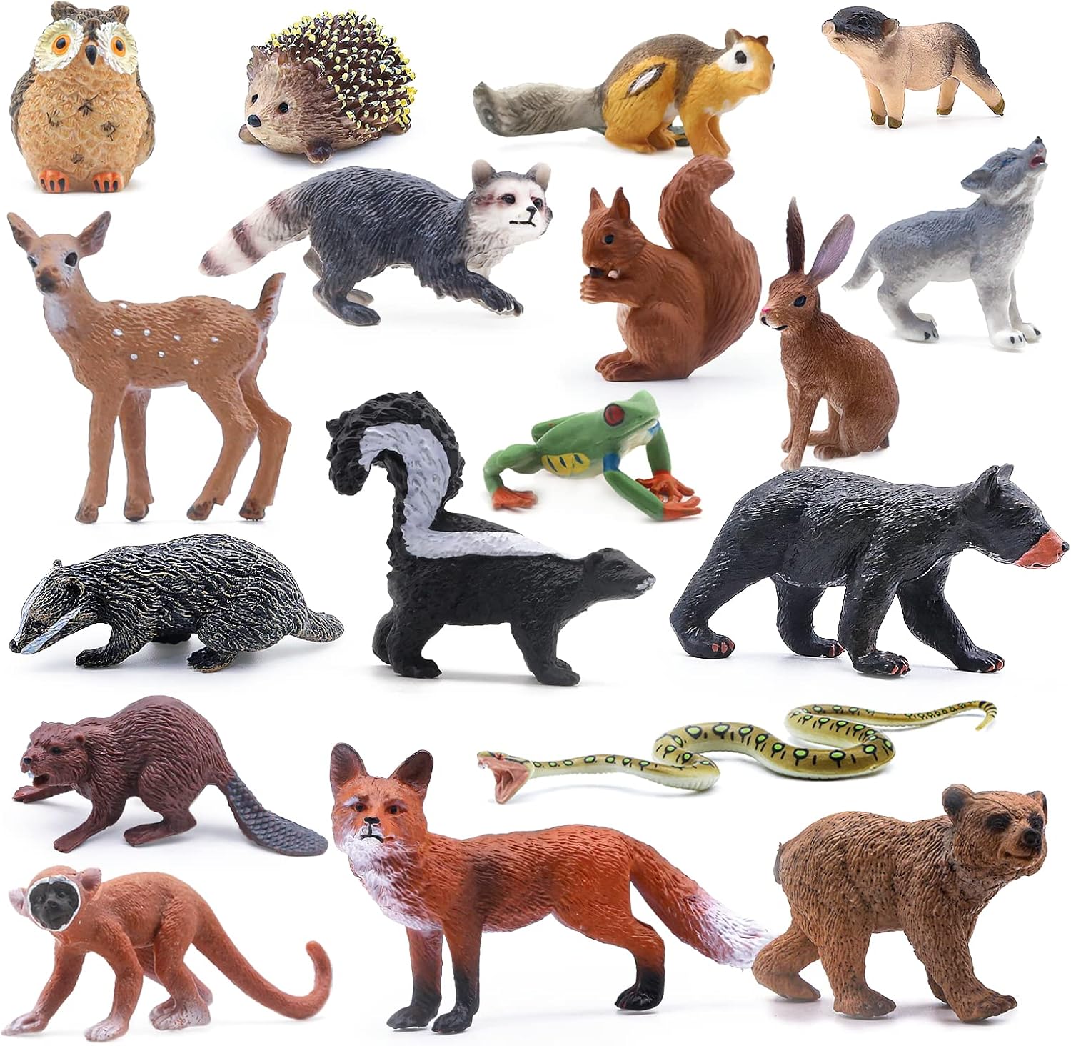 SIENON 18Pcs Forest Animals Figures Toys, Baby Woodland Animals Figurines, Miniature Animals Toys with Owl Hedgehog Fox Squirrels Bear Monkey Deer Wolf for Woodland Theme Cake Cupcake Toppers