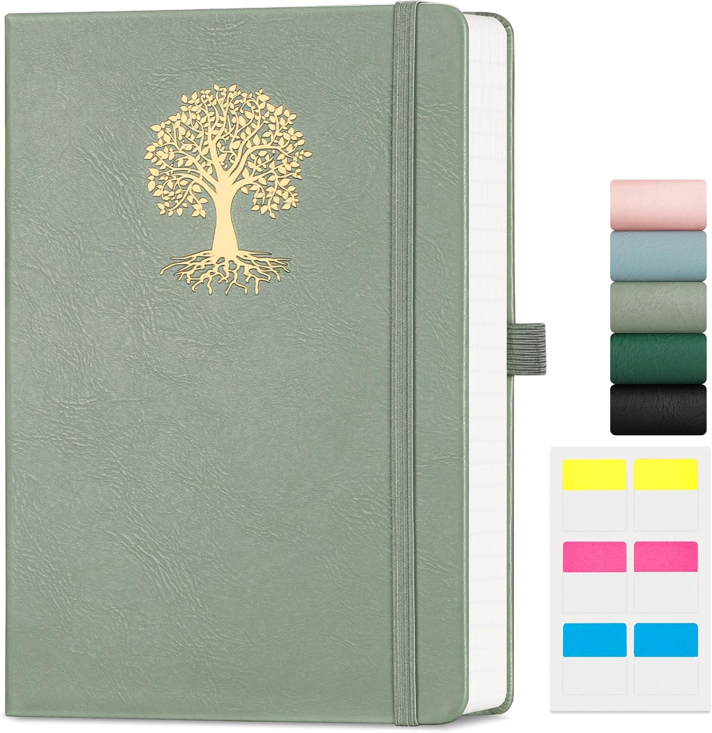 EMSHOI Notebook A5 Lined - 100gsm Hardcover Leather Journal with Sticky Notes, 192 Numbered Pages College Ruled Notebook for Women Men Work School Writing Journaling, 14.5 X 21 cm - Light Green