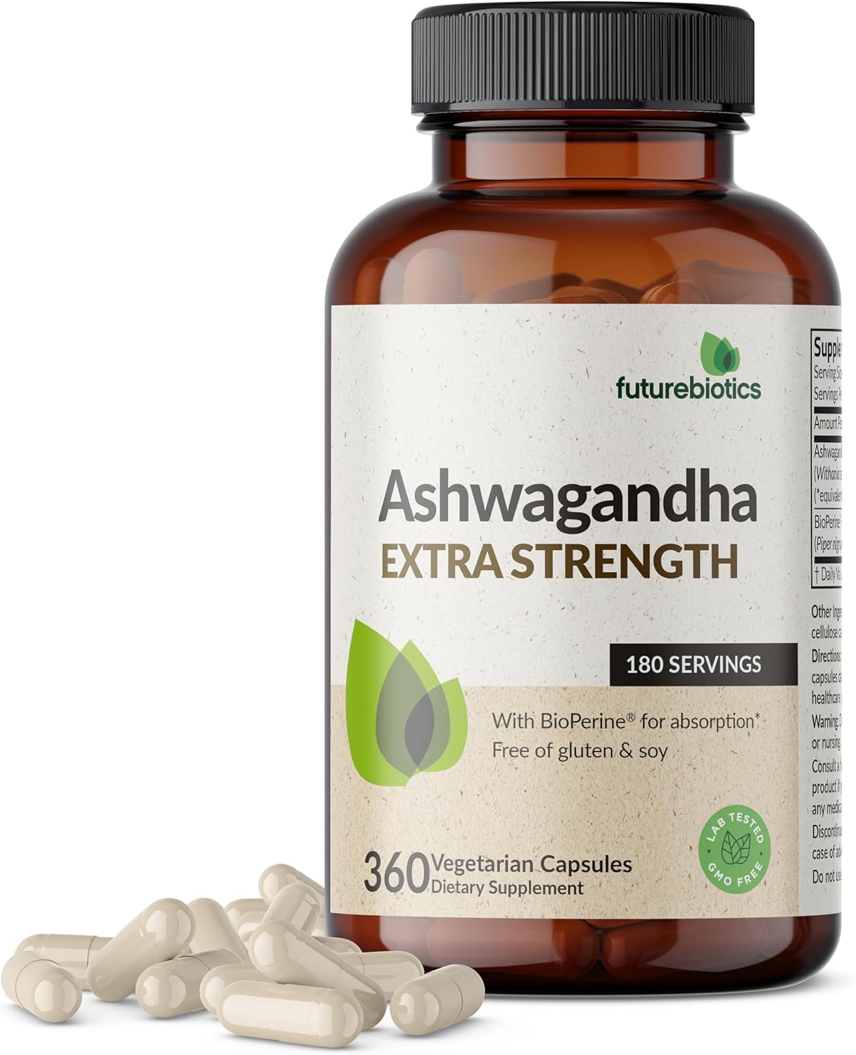 Futurebiotics Ashwagandha Extra Strength Stress & Mood Support with BioPerine - Non GMO Formula, 360 Vegetarian Capsules