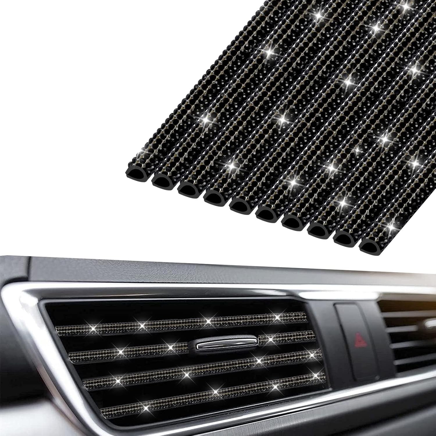 INSAUTO 10pcs Bling Car Accessories, Rhinestone Bling Air Conditioner Decoration Strip (Black)