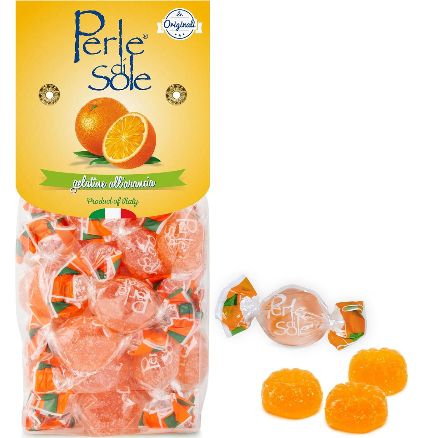 Perle di Sole Italian Fruit Jelly Candy from Italy - Orange Candies - Soft Jelly Candy Individually Wrapped - Italian Fruit Jellies - Made in Italy Sweets (7.05oz. Bag)