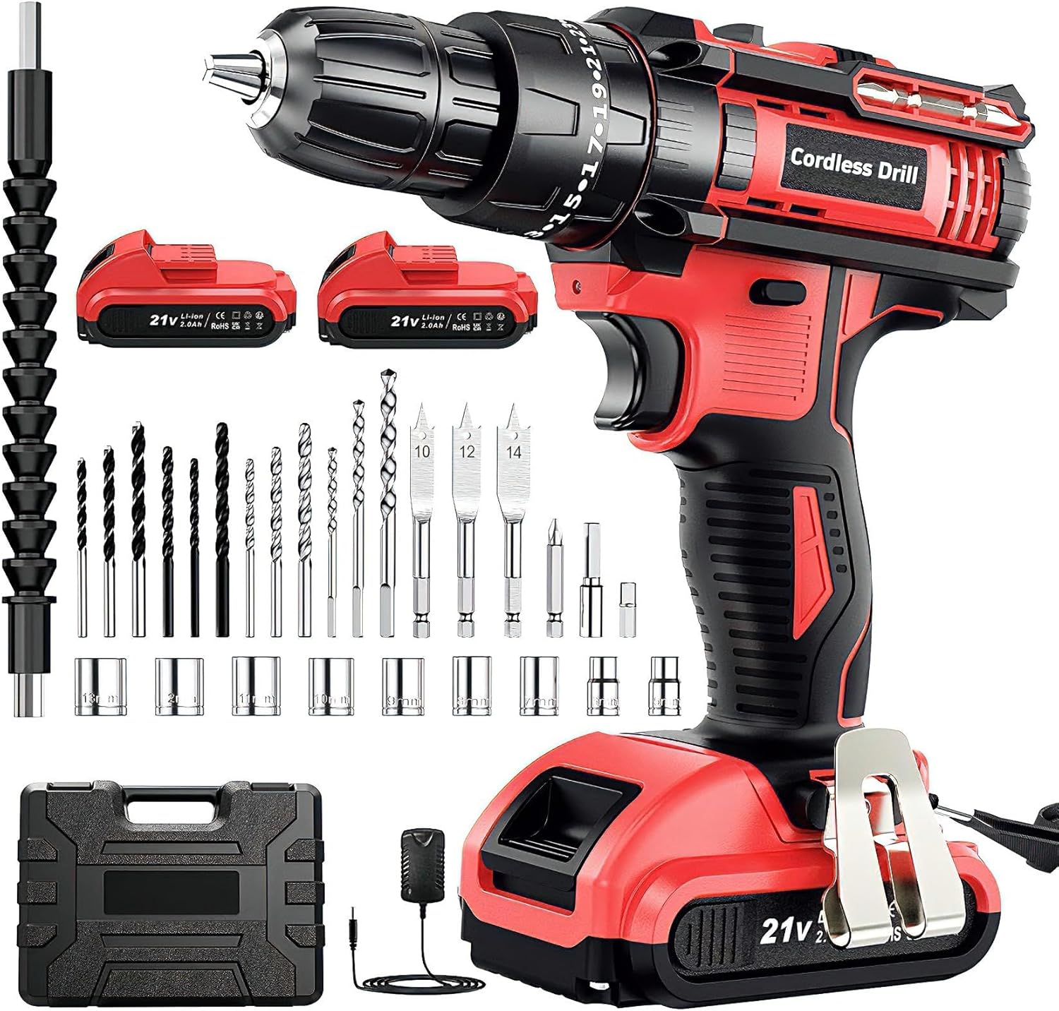 Cordless Drill Set 21V, Cordless Hammer Drill with 2 Batteries 2000mAh, 25+3 Torque, 42N.m Max, 2 Speed, LED Light, 30PCS Accessories for Home and Garden DIY Project