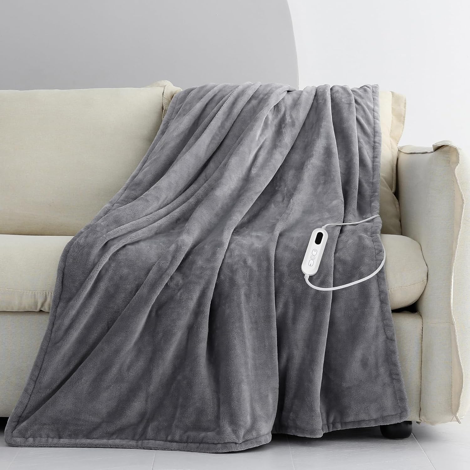 CORIWELL Heated Blanket Electric Throw - Fast Heat Up Flannel 160 x 120cm, 9 Temperature Settings & 9H Timer - Grey Heating Blanket for Sofa Bed Office