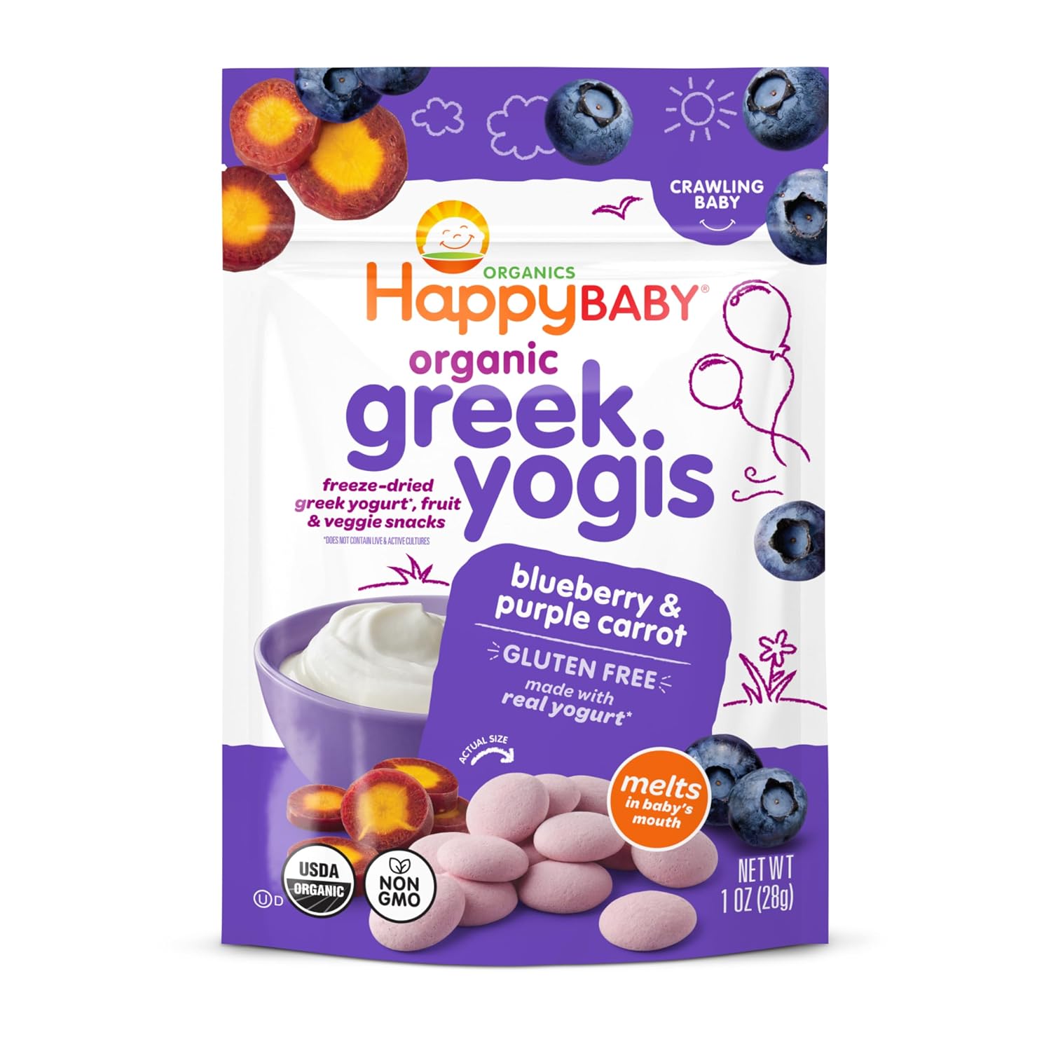 HAPPY BABY Greek Yogis, Blueberry & Purple Carrot, 1oz Pouch (8 Pack)