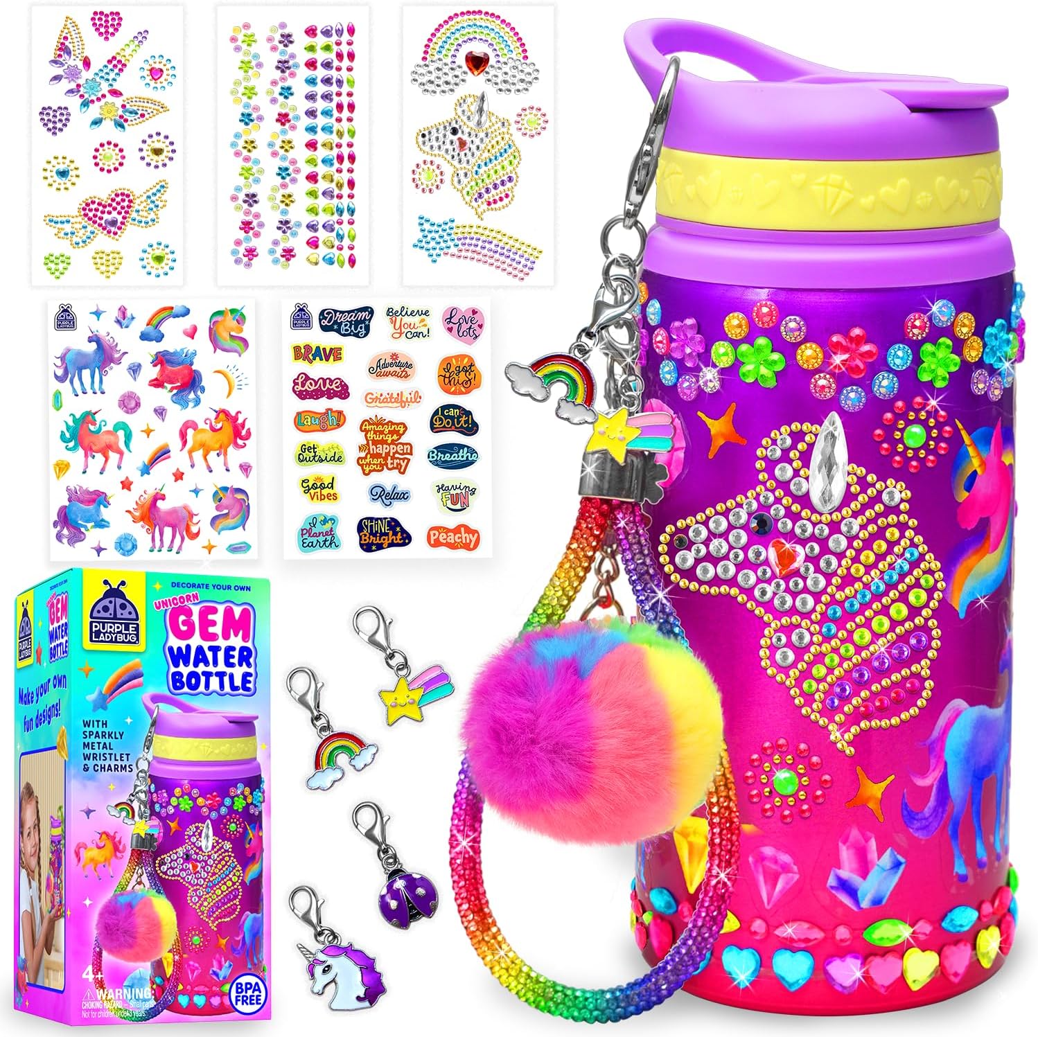 PURPLE LADYBUG Decorate Your Own Water Bottle Craft Kits for Kids - 6 Year Old Girl Gifts, Girls Birthday Presents, Arts and Crafts for Kids Ages 5-12, Unicorn Gifts for Girls
