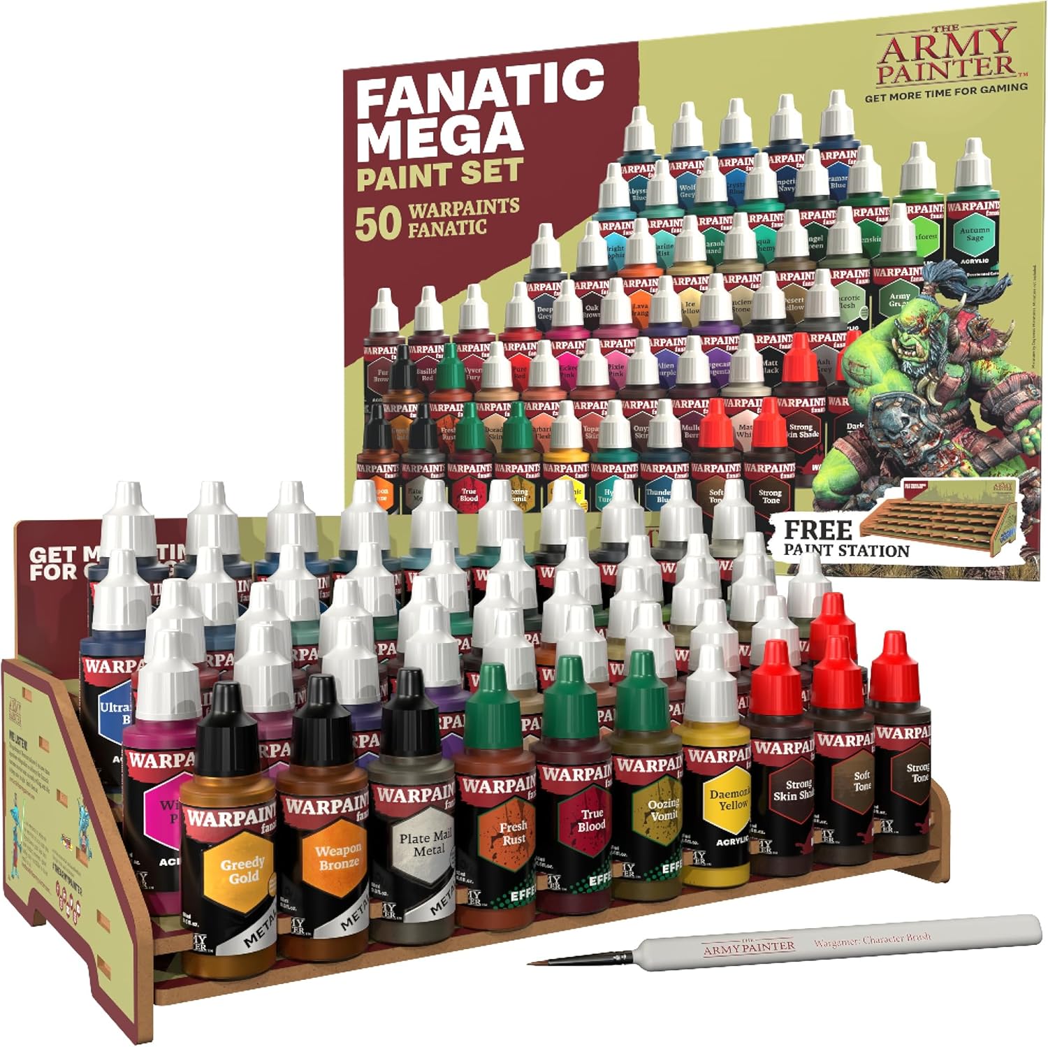 The Army Painter Warpaints Fanatic Mega Set, 50 Paints: 36 acrylic colours, 4 Skin Tones, 3 Metallics, 3 Effects, 4 Washes, 1 Free Paint Station & Brush, For Miniature Painting