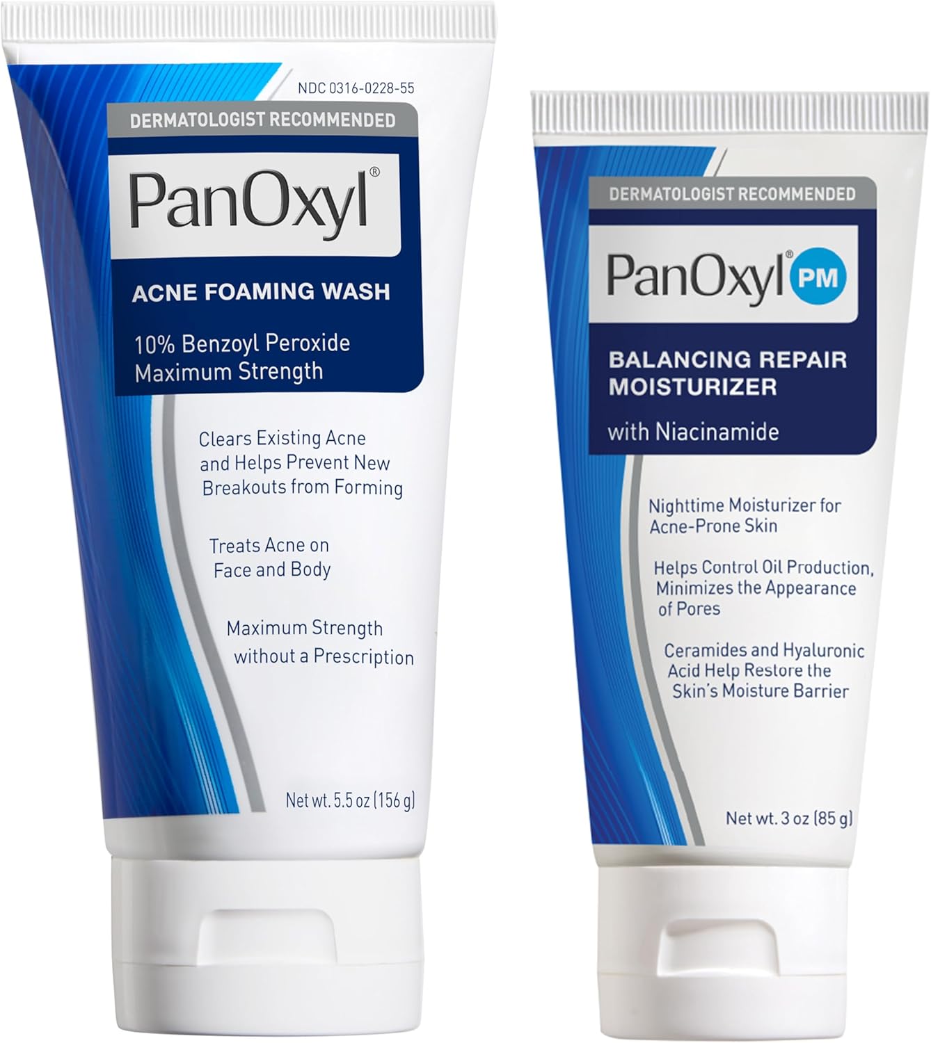Bundle of PanOxyl Acne Foaming Wash Benzoyl Peroxide 10% Maximum Strength Antimicrobial, 5.5 Oz + PanOxyl PM Balancing Repair Moisturizer with Niacinamide, Ceramides and Cica, 3 oz