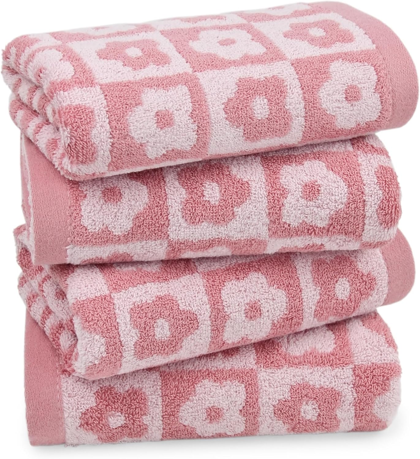 Jacquotha Cotton Hand Towels Pink Checkered Floral - Quick Drying Hand Towel Set of 4, for Women Girls Bathroom Decor, 29” x 13”