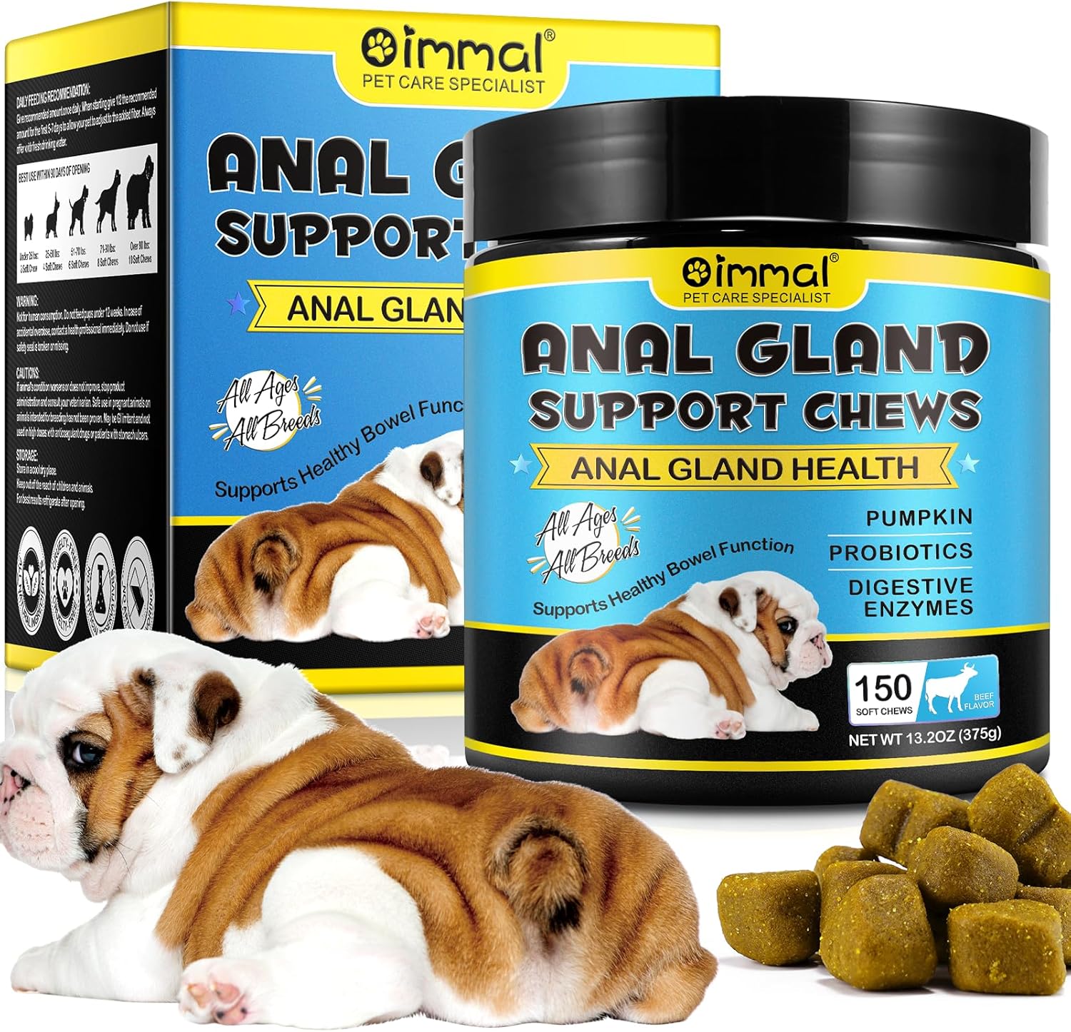 Anal Gland Chews for Dog, 150PCs Dog Anal Gland Support Treats with Pumpkin, Digestive Enzyme & Probiotics Support Healthy Bowel Function, Pet Supplies - Dog Health Supplement Soft Chews - Beef Flavor