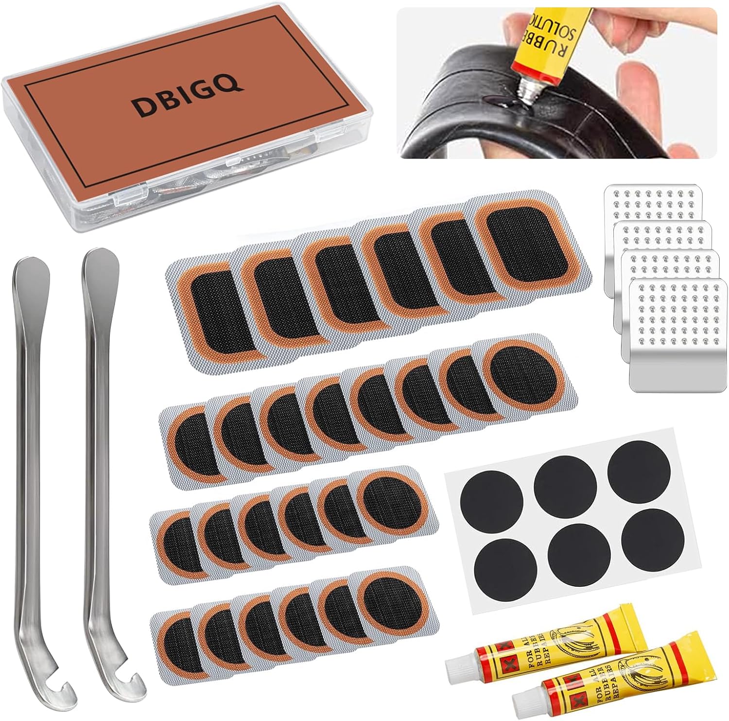 40PCS Bike Tire Repair Kit Vulcanizing Patches Metal Rasp Bicycle Inner Flat Tube Patch Kit for Mountain MTB Motorcycle BMX Road Cyclingwith Portable Storage Box