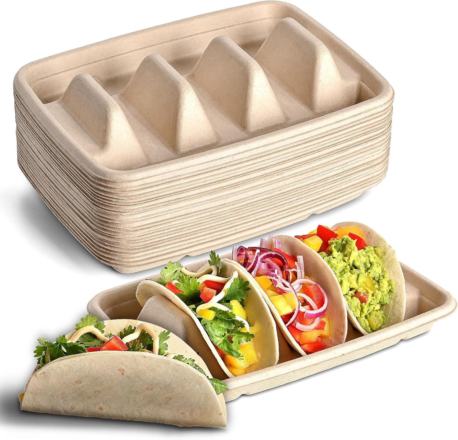 24PCS Disposable Taco Holders for Party, Premium Paper Taco Plates with 3 Dividers, Fiesta Tacos Holder Tray for Taco Tuesday Bar Serving Set, Decorations Supplies