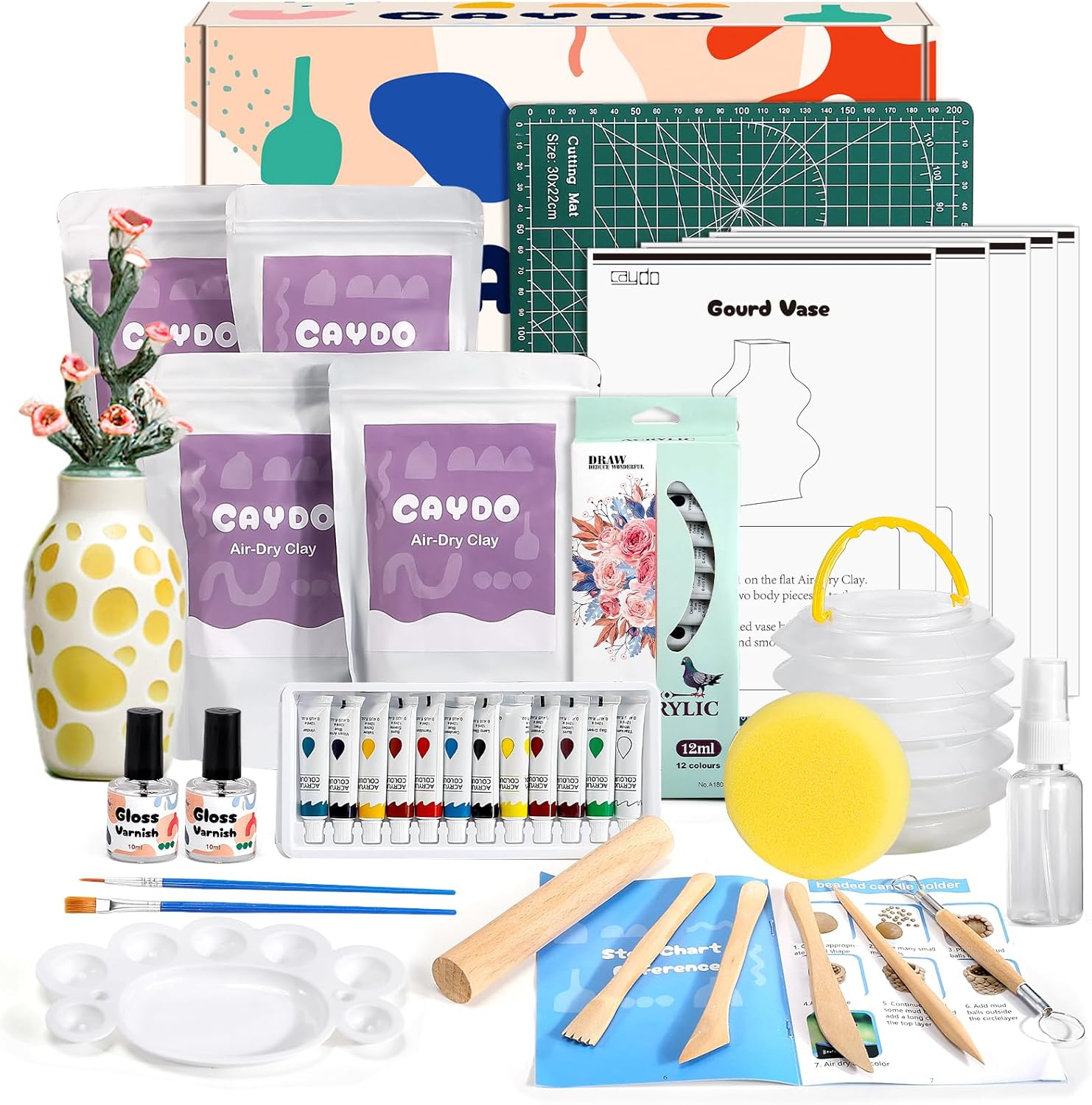 Caydo 2KG Air Dry Clay Pottery Kit for Beginners and Adults - DIY Craft Set with 5 Pottery Template Kit, Tools, Acrylic Paints, Varnish and Step-by-Step Guide - Ideal for Ceramic Kit and Gift