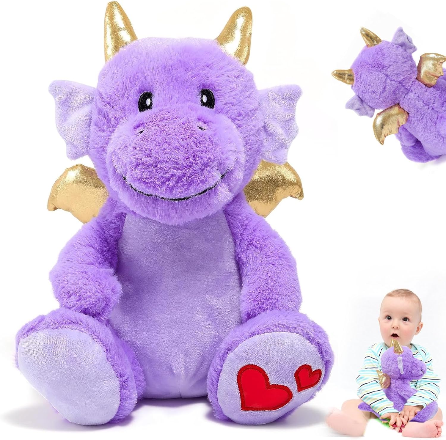 Dinosaur Stuffed Animal 11.8 Inch, Cute Stuffed Dinosaur Plush with Horn and Wings, Purple Dinosaur Plush, Dinosaur Plushie Doll, Dino Plush Pillow for Kids Girls Boys Birthday Gift