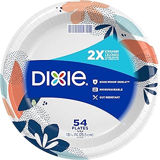Dixie Large Paper Plates, 10 Inch, 54 Count, 2X Stronger*, Microwave-Safe, Soak-Proof, Cut Resistant, Disposable Plates For Everyday Breakfast, Lunch, & Dinner Meals