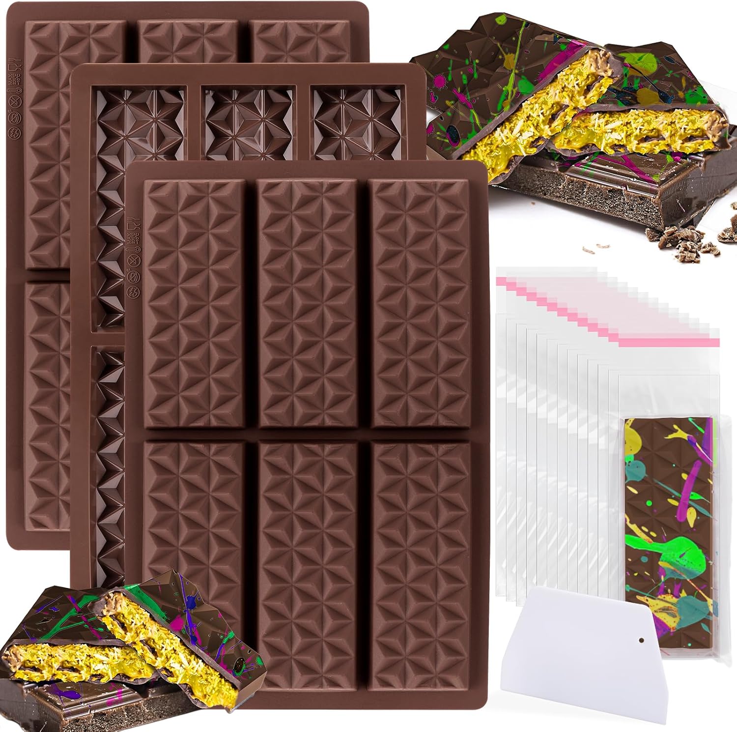 AIERSA 3Pcs Silicone Dubai Chocolate Bar Mold Deep, Thick Chocolate Molds, Candy Bar Mold for Filling Dubai Chocolate Pistachio Bar, Knafeh Stuffed Chocolate Bars