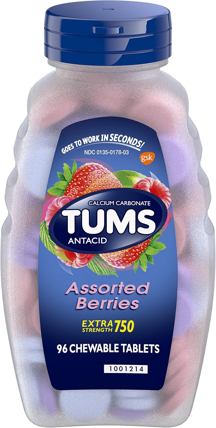 TUMS Extra Strength Assorted Berries Antacid Tablets for Heartburn Relief, 96 count