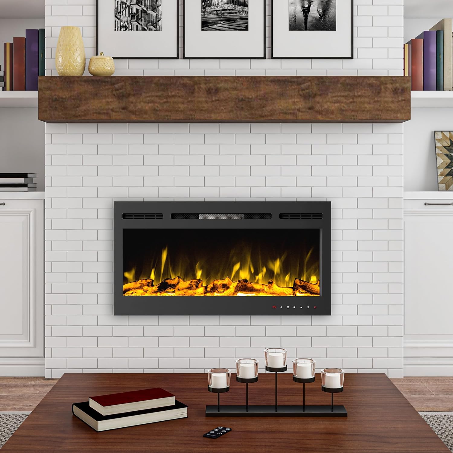 Northwest 36-Inch Wall Mounted Electric Fireplace - Recessed Heater with Front Vent, Remote, LED Flames, and Log and Crystal Media (Black)