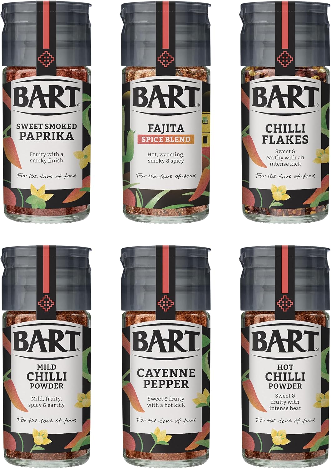 BART Latin American Spice Collection - Cayenne Pepper, Chilli Flakes, Sweet Smoked Paprika, Fajita Spice Blend, Mild & Hot Chilli Powder - Latin American Cooking (6 Jar Bulk Buy Set)