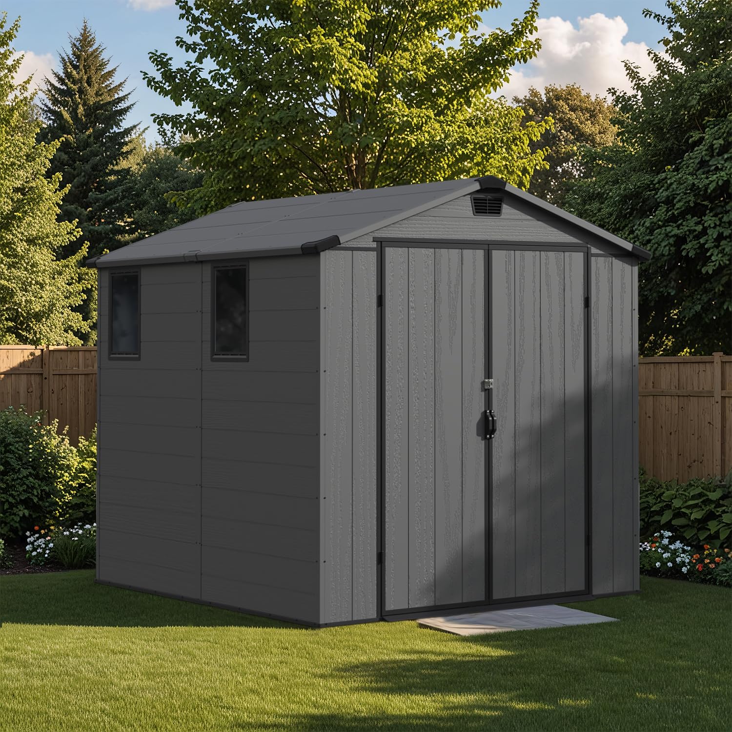 Patiowell 6 x 8 FT Plastic Outdoor Storage Shed with Floor, Resin Outside Tool Shed with Two Windows and Lockable Easy to Install, Door for Garden, Backyard, Tool Storage Use, Dark Grey
