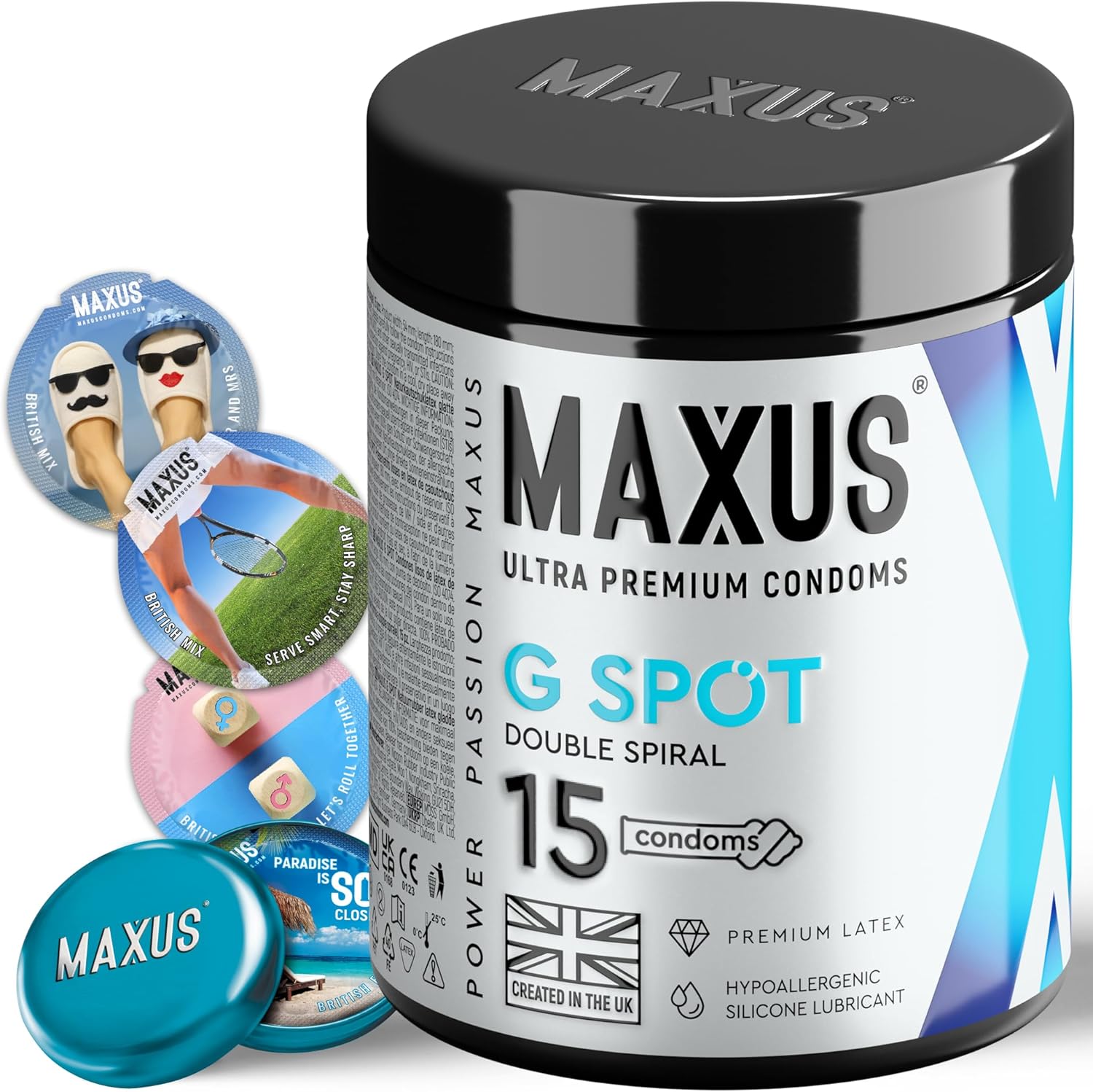 MAXUS Double Spiral, 15 Shaped Lubricated Condoms for Men, Twisted Spiral-Textured Fit, Natural Latex, Easy-On Shape, Premium Quality, Includes Stylish Metal Case (Pack of 15)