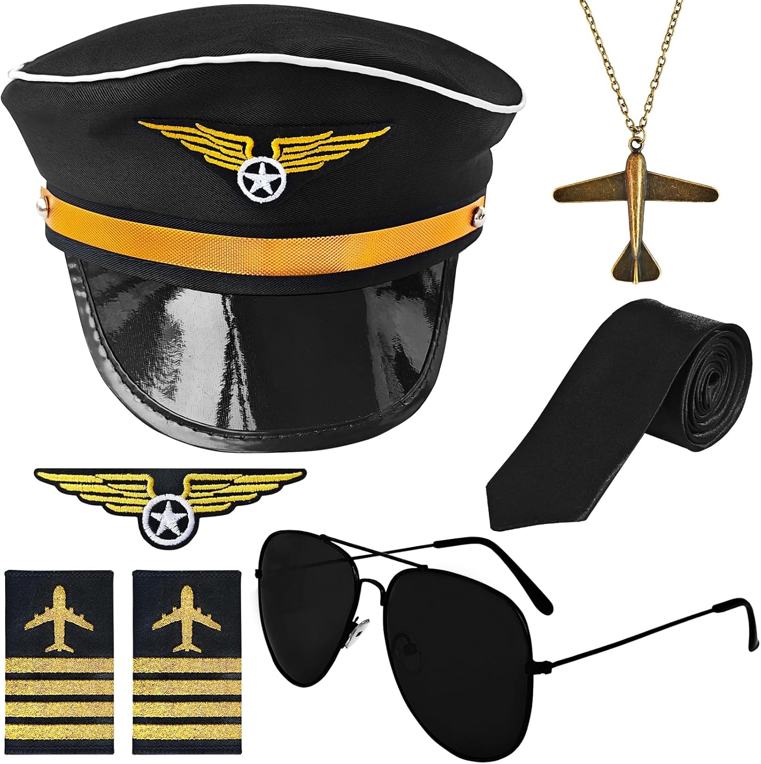 OJYUDD 6 Pcs Pilot Dress up Accessories Set,Men's Airline Captain Accessories,Airline Pilot Captain Costume Kit for Halloween,Themed Parties