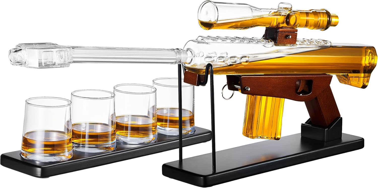 Large 18" Sniper Decanter, Gifts for Men Dad, Whiskey Decanter Set - Sniper Scope Glass Gun AR Limited Edition, Silencer Stopper - 22oz & 5oz Glasses - Birthday Gift - Drinking Party, Liquor, Vodka