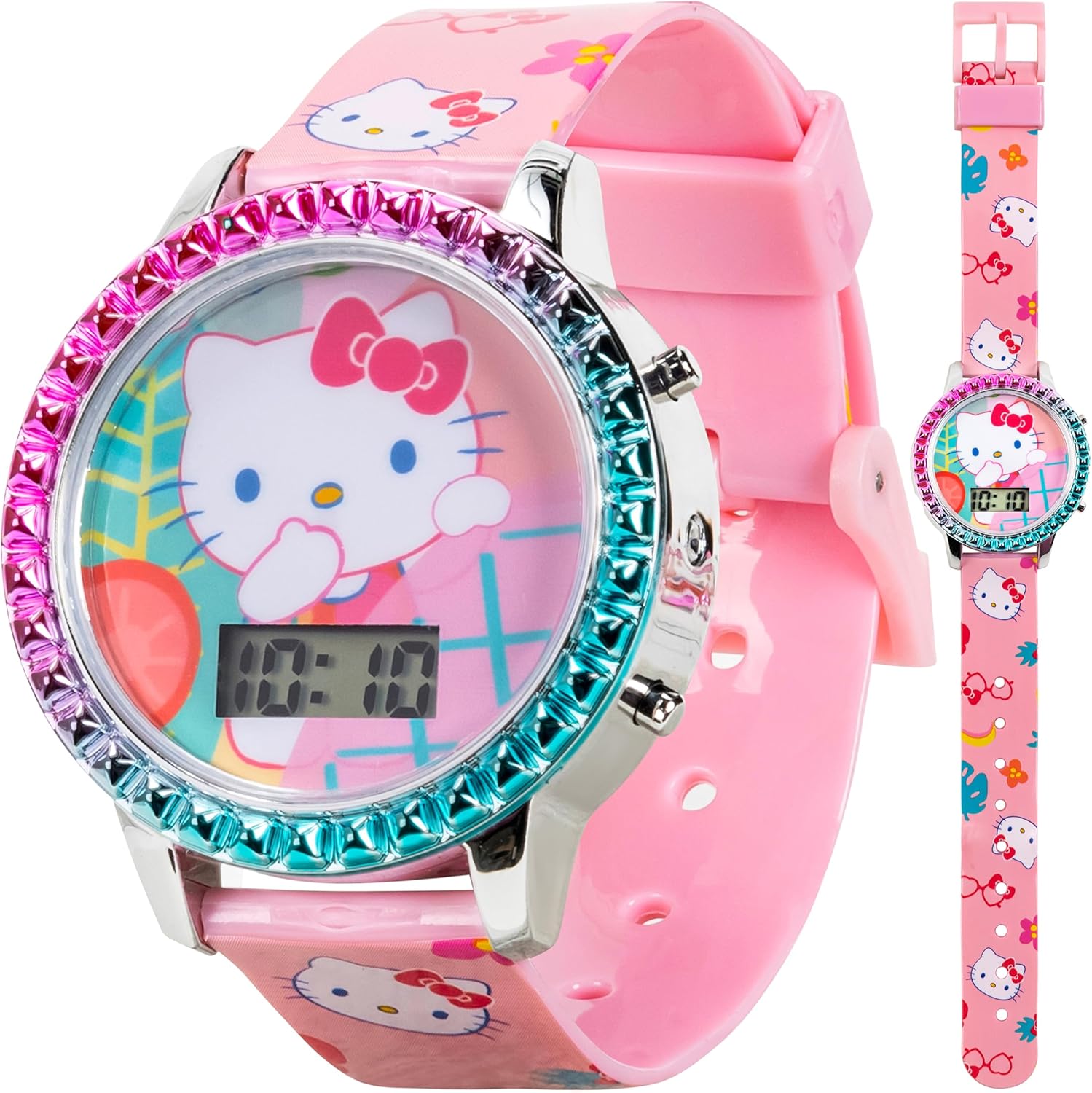 Accutime Sanrio Hello Kitty Girls' Digital LCD Quartz Watch with Pink Strap and Colorful Bezel - Fun LED Light Show - Easy to Read Time for Kids - Fits Wrist 5.5"-8"
