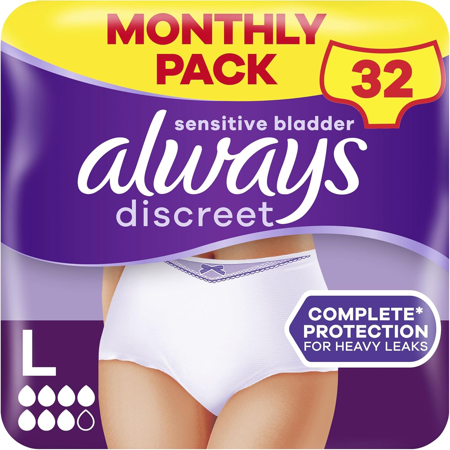 Always Discreet Incontinence Pants Women Large, UK Size 16-22, White, Absorbency 7, 32 Underwear , Disposable Maternity Knickers (8 x 4 Packs), Heavy Bladder Leak Protection , Maternity Postpartum