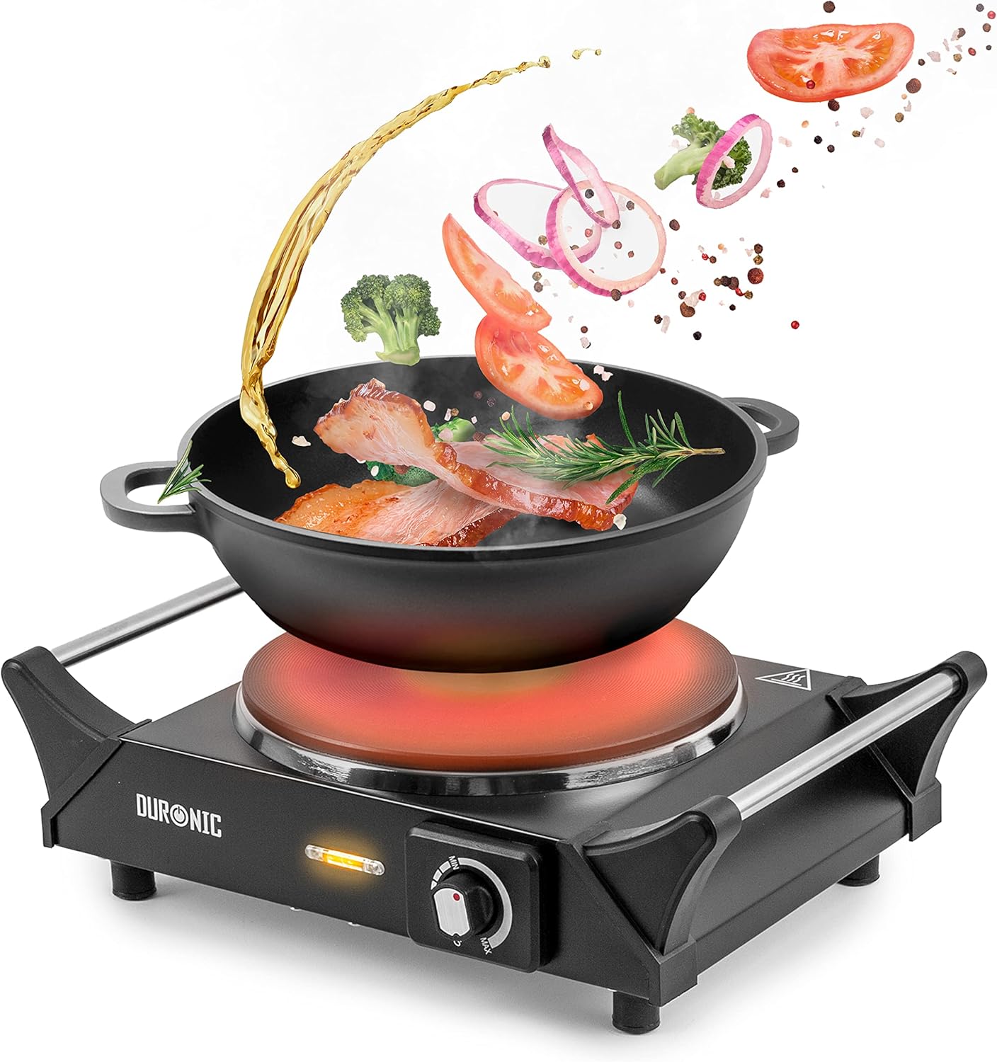 Duronic Hot Plate HP1 BK, Stainless Steel Table Top Cooking, 1500W Black Steel Electric Single Hob with Handles, Cast Iron Portable Hob Burner Rings for Home Kitchen, Pots, Camping