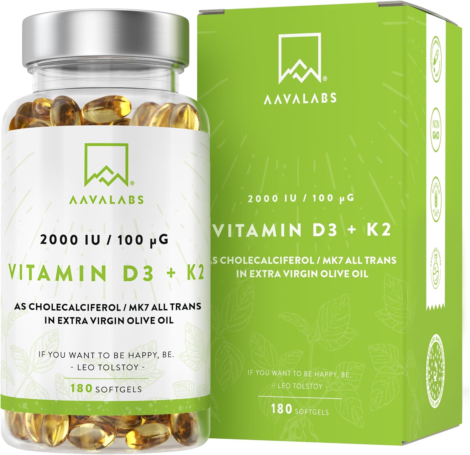 Vitamin D3 K2 MK7 (99.9% All-Trans) with Extra Virgin Olive Oil - 180 Softgels D3 and K2 Vitamin Supplements