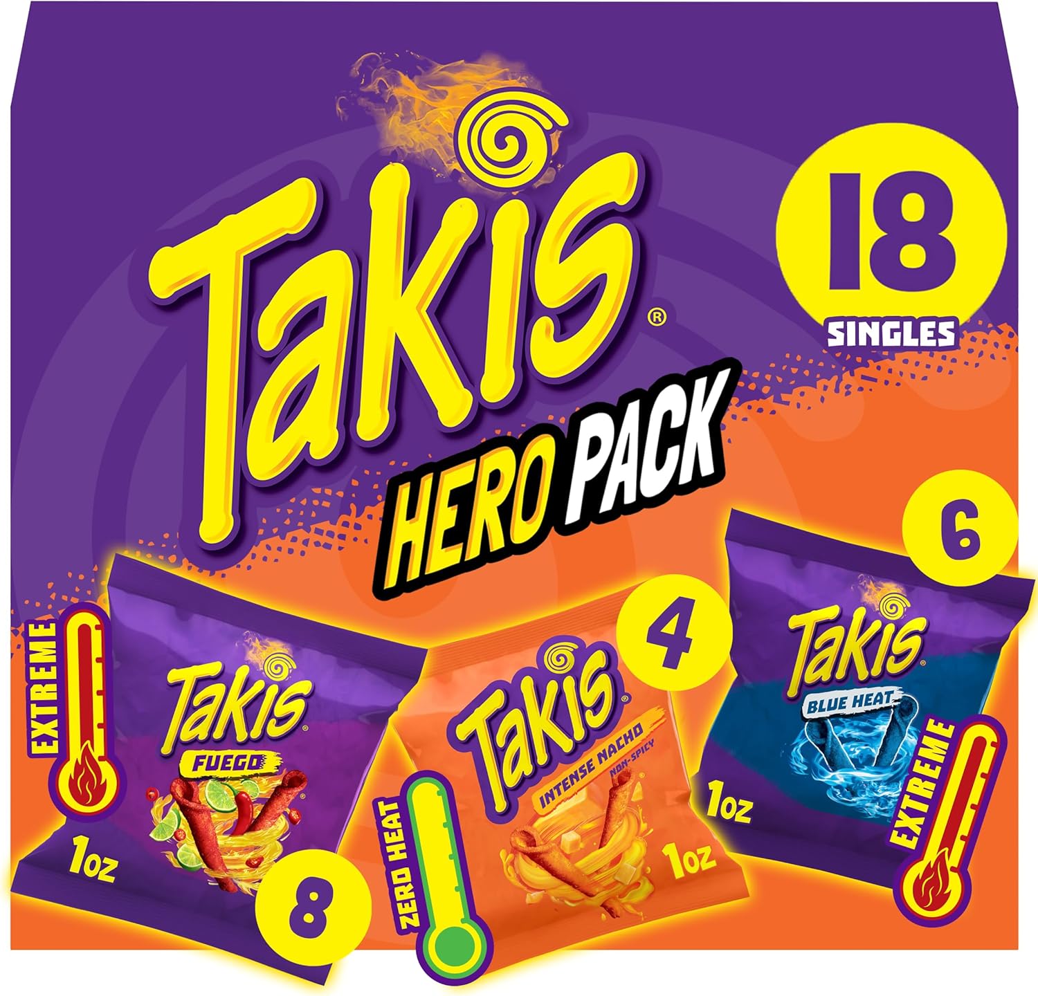 Takis 18 pc / 1 oz Hero Variety Pack, Assorted Flavored Mixed Rolled Tortilla Chips – (8) Fuego 1 oz, (6) Blue Heat 1 oz, (4) Intense Nacho 1 oz